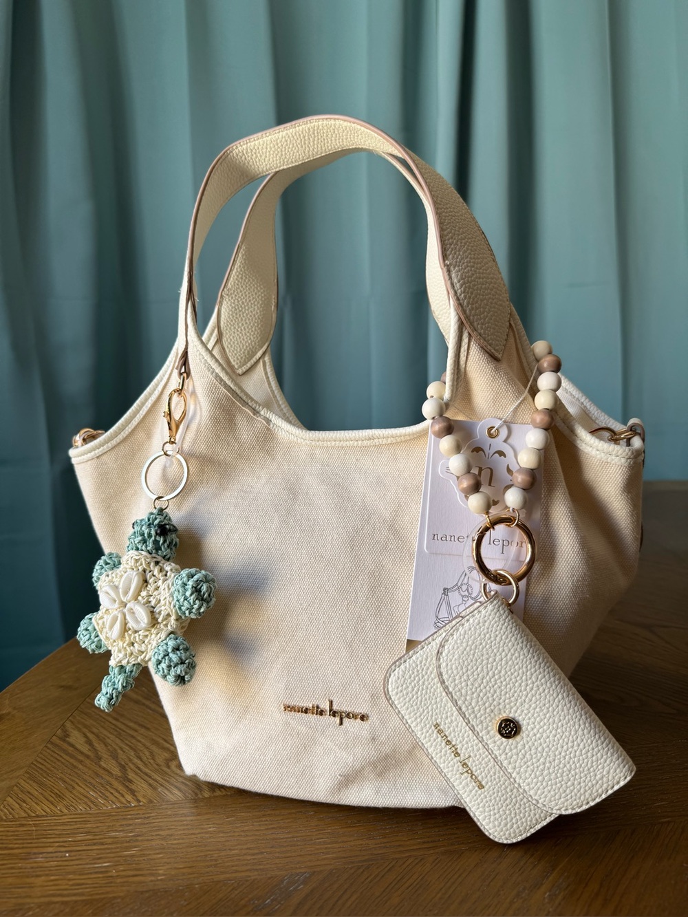 Nanette Lepore 🐢 DAPHNIE Satchel Canvas Tote Bag & Turtle Charm, Card Wallet
